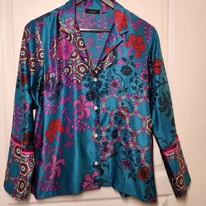 Natori Satin Pajamas Set Long Sleeve Top and Pants - Teal Multi-colored
